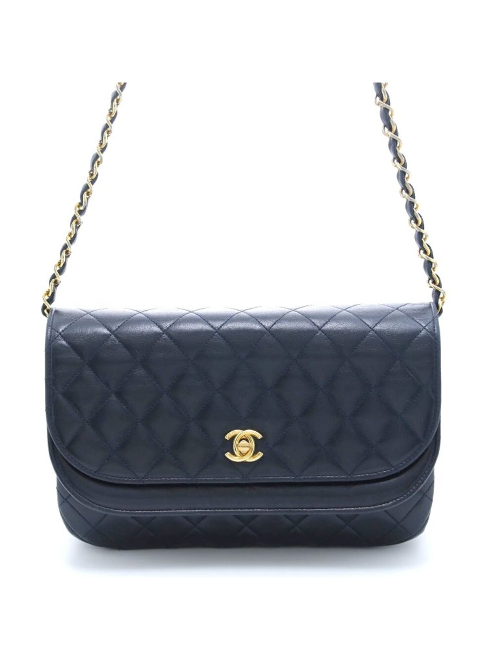 Chanel Quilted Half Moon Double Flap Chain Shoulder Navy Bag Lambskin